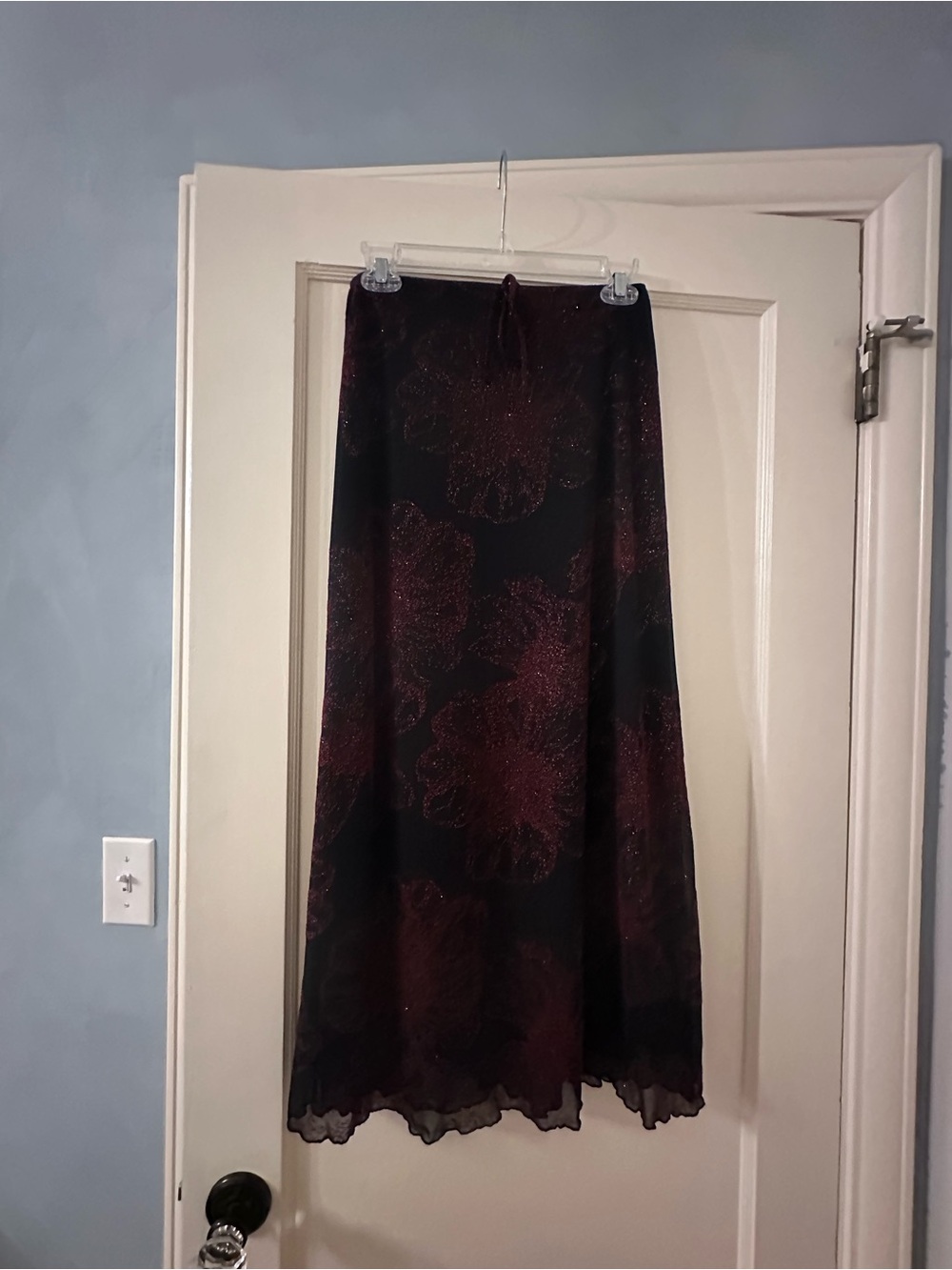 90’s Floral Lettuce Hem Black and Burgundy Maxi Skirt